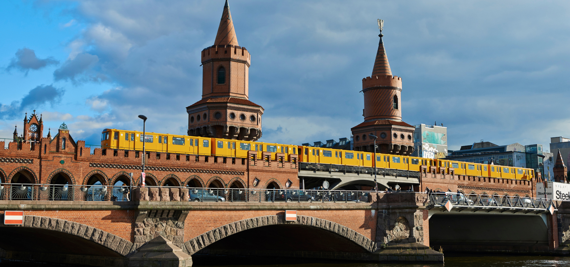 View of Berlin's Oberbaumbrucke with a passing underground train.